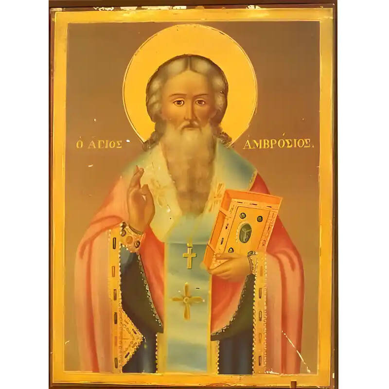 Εικόνα Ορθοδοξίας με περίγραμμα χρυσό σε ξύλο Φλαμουρίας  με  βάση Εικόνα ΑΓΙΟΣ ΑΜΒΡΟΣΙΟΣ, ΕΠΙΣΚΟΠΟΣ ΜΕΔΙΟΛΑΝΩΝ Χειροποίητη Ελληνορθόδοξη εικόνα του Ιησού Χριστού, Κρεμαστή πλάκα βυζαντινής τέχνης, χριστιανική τέχνη Διάσταση 15x11 cm (5,9x4,3 ίντσες)  INTRAEK-337757863981