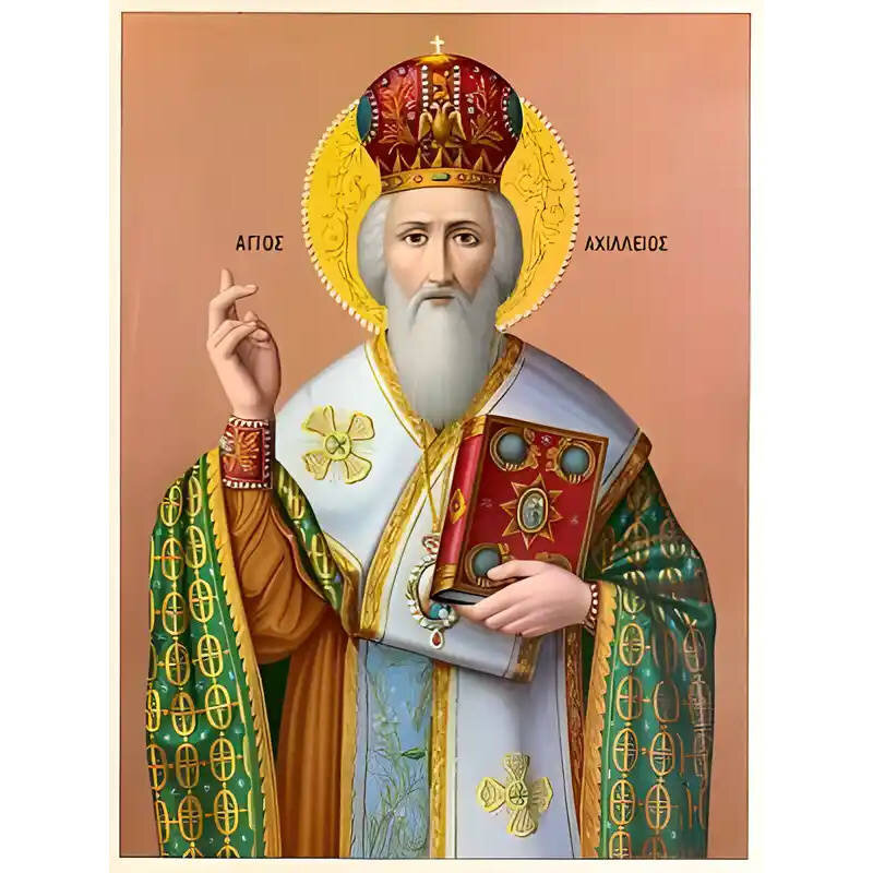 Εικόνα Ορθοδοξίας με περίγραμμα χρυσό σε ξύλο Φλαμουρίας  με  βάση Εικόνα ΑΓΙΟΣ ΑΧΙΛΛΙΟΣ, ΕΠΙΣΚΟΠΟΣ ΛΑΡΙΣΗΣ Χειροποίητη Ελληνορθόδοξη εικόνα του Ιησού Χριστού, Κρεμαστή πλάκα βυζαντινής τέχνης, χριστιανική τέχνη Διάσταση 15x11 cm (5,9x4,3 ίντσες)  INTRAEK-337757863971