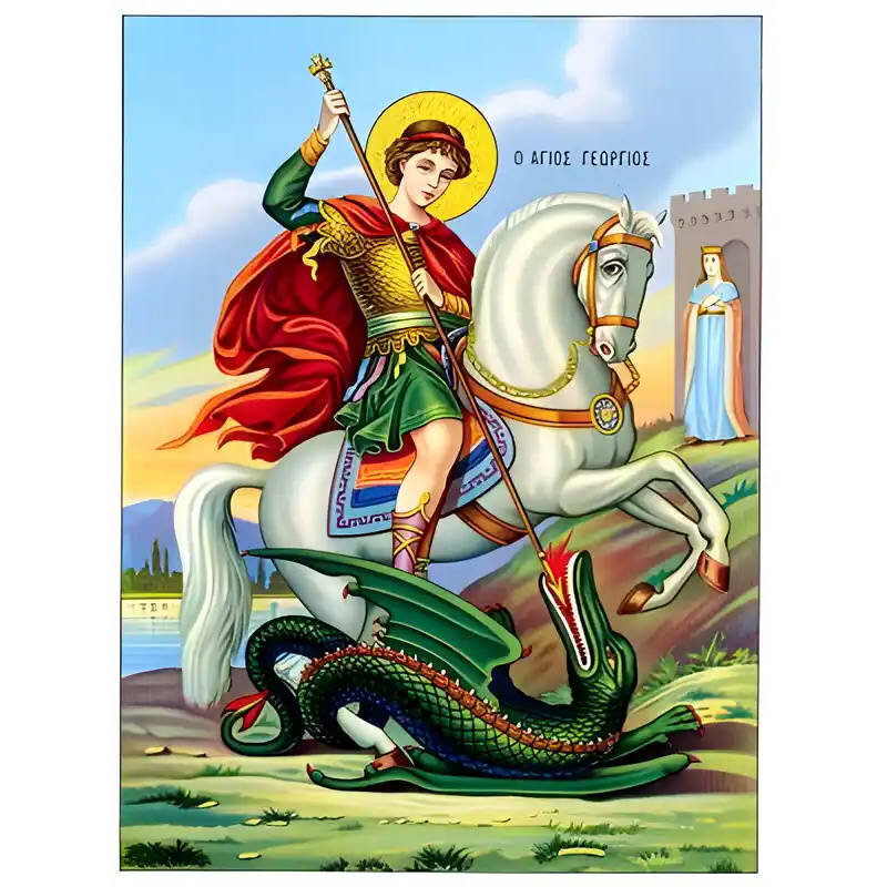 Εικόνα Ορθοδοξίας με περίγραμμα χρυσό σε ξύλο Φλαμουρίας  με  βάση Εικόνα ΑΓΙΟΣ ΓΕΩΡΓΙΟΣ Ο ΤΡΟΠΑΙΟΦΟΡΟΣ, ΕΦΙΠΠΟΣ Χειροποίητη Ελληνορθόδοξη εικόνα του Ιησού Χριστού, Κρεμαστή πλάκα βυζαντινής τέχνης, χριστιανική τέχνη Διάσταση 15x11 cm (5,9x4,3 ίντσες)  INTRAEK-337757863965
