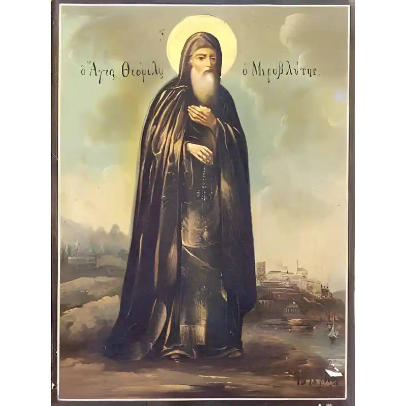 Εικόνα Ορθοδοξίας με περίγραμμα χρυσό σε ξύλο Φλαμουρίας  με  βάση Εικόνα ΑΓΙΟΣ ΘΕΟΦΙΛΟΣ Ο ΜΥΡΟΒΛΥΤΗΣ, Ι. ΜΟΝΗΣ ΠΑΝΤΟΚΡΑΤΟΡΟΣ, ΟΛΟΣΩΜΟΣ Χειροποίητη Ελληνορθόδοξη εικόνα του Ιησού Χριστού, Κρεμαστή πλάκα βυζαντινής τέχνης, χριστιανική τέχνη Διάσταση 15x11 cm (5,9x4,3 ίντσες)  INTRAEK-337757863951