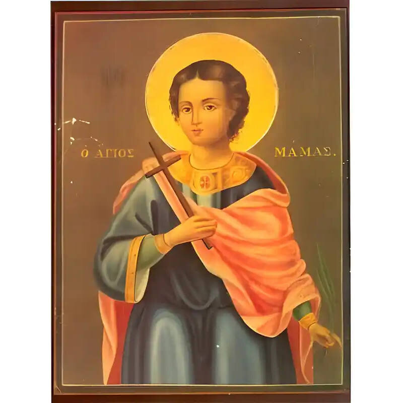 Εικόνα Ορθοδοξίας με περίγραμμα χρυσό σε ξύλο Φλαμουρίας  με  βάση Εικόνα ΑΓΙΟΣ ΜΑΜΑΣ, ΜΑΡΤΥΣ, ΚΑΙΣΑΡΕΙΑΣ Χειροποίητη Ελληνορθόδοξη εικόνα του Ιησού Χριστού, Κρεμαστή πλάκα βυζαντινής τέχνης, χριστιανική τέχνη Διάσταση 15x11 cm (5,9x4,3 ίντσες)  INTRAEK-337757863934