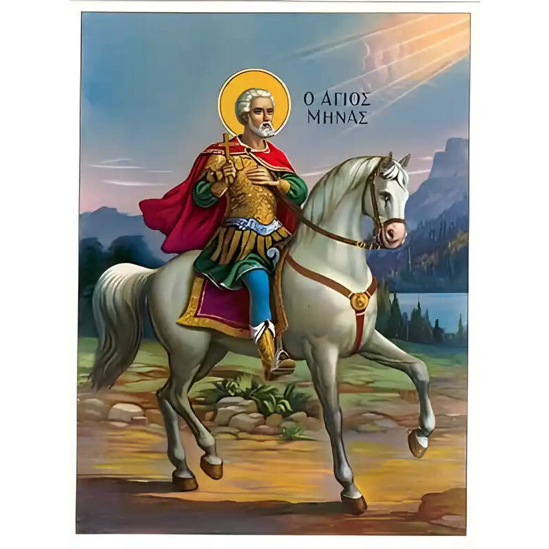 Εικόνα Ορθοδοξίας με περίγραμμα χρυσό σε ξύλο Φλαμουρίας  με  βάση Εικόνα ΑΓΙΟΣ ΜΗΝΑΣ, Ο ΜΕΓΑΛΟΜΑΡΤΥΣ, Ο ΑΙΓΥΠΤΙΟΣ, ΕΦΙΠΠΟΣ Χειροποίητη Ελληνορθόδοξη εικόνα του Ιησού Χριστού, Κρεμαστή πλάκα βυζαντινής τέχνης, χριστιανική τέχνη Διάσταση 15x11 cm (5,9x4,3 ίντσες)  INTRAEK-337757863932