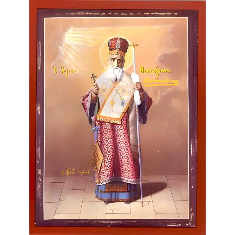 Εικόνα Ορθοδοξίας με περίγραμμα χρυσό σε ξύλο Φλαμουρίας  με  βάση Εικόνα ΑΓΙΟΣ ΝΕΚΤΑΡΙΟΣ ΠΕΝΤΑΠΟΛΕΩΣ, Ο ΕΝ ΑΙΓΙΝΗ, ΟΛΟΣΩΜΟΣ Χειροποίητη Ελληνορθόδοξη εικόνα του Ιησού Χριστού, Κρεμαστή πλάκα βυζαντινής τέχνης, χριστιανική τέχνη Διάσταση 15x11 cm (5,9x4,3 ίντσες)  INTRAEK-337757863930