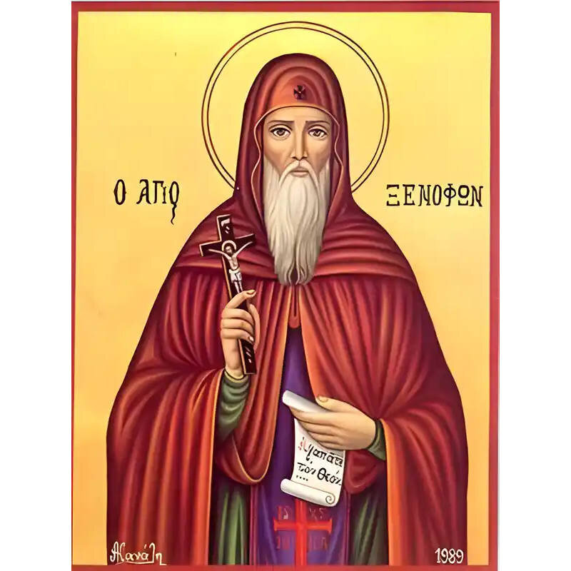 Εικόνα Ορθοδοξίας με περίγραμμα χρυσό σε ξύλο Φλαμουρίας  με  βάση Εικόνα ΑΓΙΟΣ ΞΕΝΟΦΩΝ, ΕΚ ΚΩΝ/ΠΟΛΕΩΣ Χειροποίητη Ελληνορθόδοξη εικόνα του Ιησού Χριστού, Κρεμαστή πλάκα βυζαντινής τέχνης, χριστιανική τέχνη Διάσταση 15x11 cm (5,9x4,3 ίντσες)  INTRAEK-337757863925