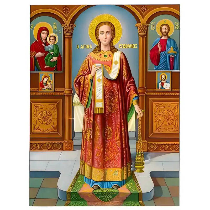 Εικόνα Ορθοδοξίας με περίγραμμα χρυσό σε ξύλο Φλαμουρίας  με  βάση Εικόνα ΑΓΙΟΣ ΣΤΕΦΑΝΟΣ, Ο ΠΡΩΤΟΜΑΡΤΥΣ, ΟΛΟΣΩΜΟΣ Χειροποίητη Ελληνορθόδοξη εικόνα του Ιησού Χριστού, Κρεμαστή πλάκα βυζαντινής τέχνης, χριστιανική τέχνη Διάσταση 15x11 cm (5,9x4,3 ίντσες)  INTRAEK-337757863912