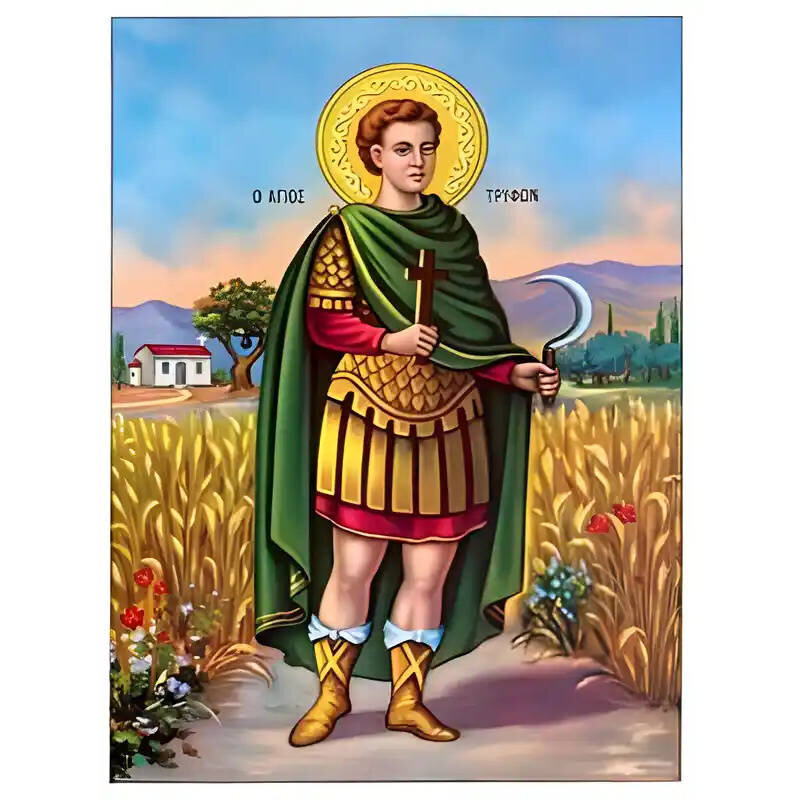 Εικόνα Ορθοδοξίας με περίγραμμα χρυσό σε ξύλο Φλαμουρίας  με  βάση Εικόνα ΑΓΙΟΣ ΤΡΥΦΩΝ, ΜΑΡΤΥΣ, ΟΛΟΣΩΜΟΣ Χειροποίητη Ελληνορθόδοξη εικόνα του Ιησού Χριστού, Κρεμαστή πλάκα βυζαντινής τέχνης, χριστιανική τέχνη Διάσταση 15x11 cm (5,9x4,3 ίντσες)  INTRAEK-337757863909