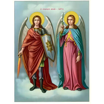 Εικόνα Ορθοδοξίας με περίγραμμα χρυσό σε ξύλο Φλαμουρίας με βάση Εικόνα ΑΡΧΑΓΓΕΛΟΙ ΜΙΧΑΗΛ ΚΑΙ ΓΑΒΡΙΗΛ, ΟΛΟΣΩΜΟΙ Χειροποίητη Ελληνορθόδοξη εικόνα του Ιησού Χριστού, Κρεμαστή πλάκα βυζαντινής τέχνης, χριστιανική τέχνη Διάσταση 15x11 cm (5,9x4,3 ίντσες) INTRAEK-337757863893 - Image 1