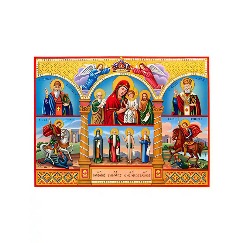 Εικόνα Ορθοδοξίας με περίγραμμα χρυσό σε ξύλο Φλαμουρίας  με  βάση Εικόνα ΔΩΔΕΚΑΩΡΤΟΝ: ΠΑΝΑΓΙΑ ΜΕ ΧΡΙΣΤΟ, ΑΓΙΟΙ ΙΩΑΝΝΗΣ ΘΕΟΛΟΓΟΣ, ΙΩΑΝΝΗΣ ΠΡΟΔΡΟΜΟΣ, ΣΠΥΡΙΔΩΝ, ΓΕΩΡΓΙΟΣ, ΑΝΤΩΝΙΟΣ ΕΥΘΥΜΙΟΣ, ΟΝΟΥΦΡΙΟΣ, ΣΑΒΒΑΣ, ΔΗΜΗΤΡΙΟΣ ΚΑΙ ΝΙΚΟΛΑΟΣ Χειροποίητη Ελληνορθόδοξη εικόνα του Ιησού Χριστού, Κρεμαστή πλάκα βυζαντινής τέχνης, χριστιανική τέχνη Διάσταση 15x11 cm (5,9x4,3 ίντσες)  INTRAEK-337757863883