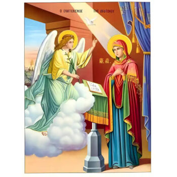 Εικόνα Ορθοδοξίας με περίγραμμα χρυσό σε ξύλο Φλαμουρίας  με  βάση Εικόνα ΕΥΑΓΓΕΛΙΣΜΟΣ ΘΕΟΤΟΚΟΥ Χειροποίητη Ελληνορθόδοξη εικόνα του Ιησού Χριστού, Κρεμαστή πλάκα βυζαντινής τέχνης, χριστιανική τέχνη Διάσταση 15x11 cm (5,9x4,3 ίντσες)  INTRAEK-337757863877 - Image 1