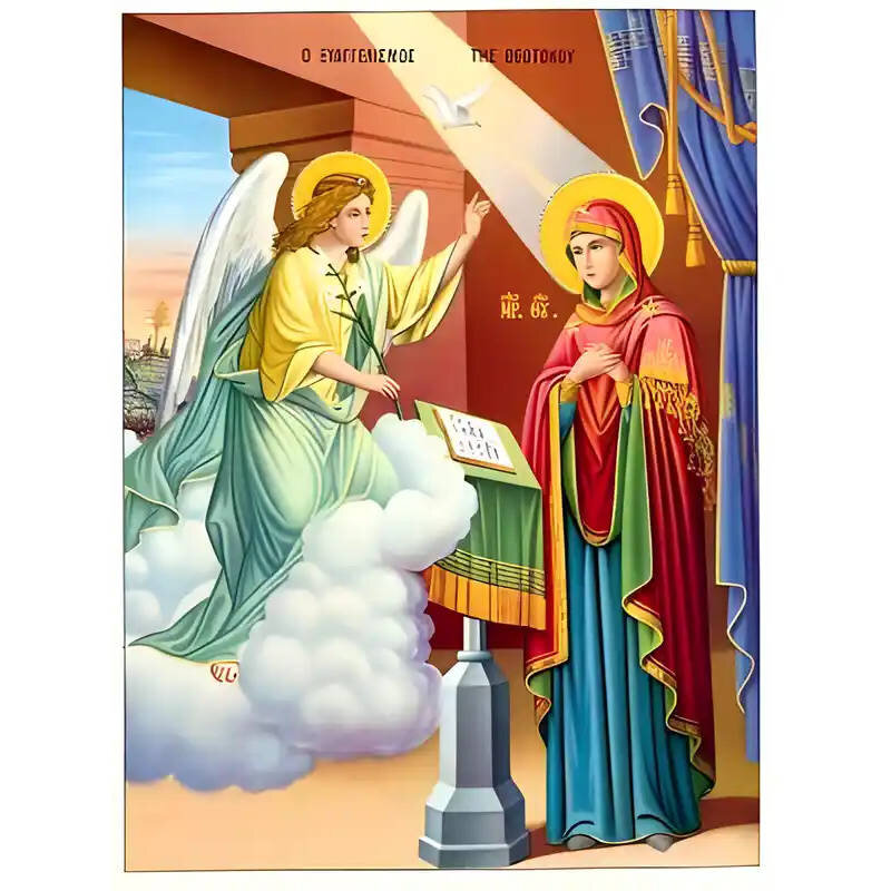 Εικόνα Ορθοδοξίας με περίγραμμα χρυσό σε ξύλο Φλαμουρίας  με  βάση Εικόνα ΕΥΑΓΓΕΛΙΣΜΟΣ ΘΕΟΤΟΚΟΥ Χειροποίητη Ελληνορθόδοξη εικόνα του Ιησού Χριστού, Κρεμαστή πλάκα βυζαντινής τέχνης, χριστιανική τέχνη Διάσταση 15x11 cm (5,9x4,3 ίντσες)  INTRAEK-337757863877