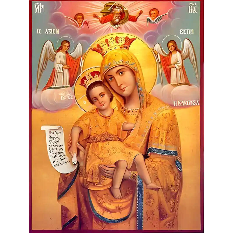 Εικόνα Ορθοδοξίας με περίγραμμα χρυσό σε ξύλο Φλαμουρίας  με  βάση Εικόνα ΠΑΝΑΓΙΑ ΜΕ ΧΡΙΣΤΟ, ΕΛΕΟΥΣΑ, ΑΞΙΟΝ ΕΣΤΙ Χειροποίητη Ελληνορθόδοξη εικόνα του Ιησού Χριστού, Κρεμαστή πλάκα βυζαντινής τέχνης, χριστιανική τέχνη Διάσταση 15x11 cm (5,9x4,3 ίντσες)  INTRAEK-337757863852