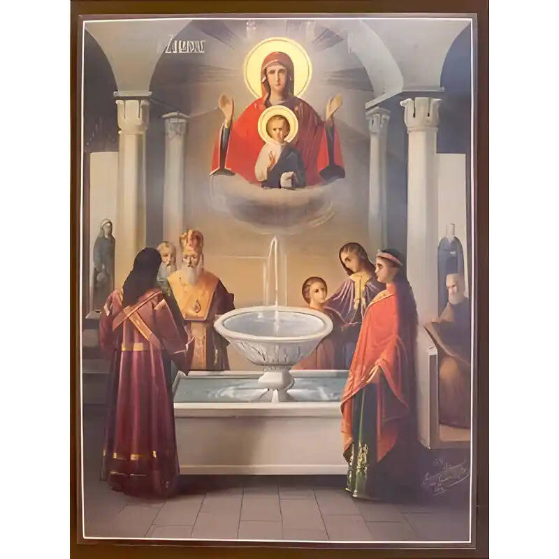 Εικόνα Ορθοδοξίας με περίγραμμα χρυσό σε ξύλο Φλαμουρίας  με  βάση Εικόνα ΠΑΝΑΓΙΑ ΜΕ ΧΡΙΣΤΟ, Η ΖΩΟΔΟΧΟΣ ΠΗΓΗ Χειροποίητη Ελληνορθόδοξη εικόνα του Ιησού Χριστού, Κρεμαστή πλάκα βυζαντινής τέχνης, χριστιανική τέχνη Διάσταση 15x11 cm (5,9x4,3 ίντσες)  INTRAEK-337757863848