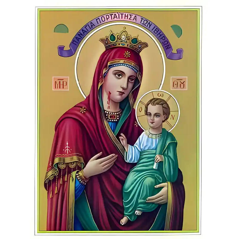 Εικόνα Ορθοδοξίας με περίγραμμα χρυσό σε ξύλο Φλαμουρίας  με  βάση Εικόνα ΠΑΝΑΓΙΑ ΜΕ ΧΡΙΣΤΟ, ΟΔΗΓΗΤΡΙΑ, ΠΟΡΤΑΪΤΙΣΣΑ, ΤΩΝ ΙΒΗΡΩΝ Χειροποίητη Ελληνορθόδοξη εικόνα του Ιησού Χριστού, Κρεμαστή πλάκα βυζαντινής τέχνης, χριστιανική τέχνη Διάσταση 15x11 cm (5,9x4,3 ίντσες)  INTRAEK-337757863836