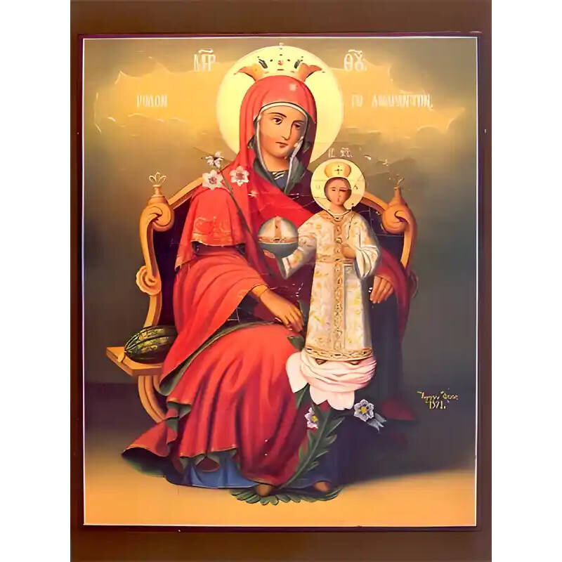 Εικόνα Ορθοδοξίας με περίγραμμα χρυσό σε ξύλο Φλαμουρίας  με  βάση Εικόνα ΠΑΝΑΓΙΑ ΜΕ ΧΡΙΣΤΟ, ΡΟΔΟ ΤΟ ΑΜΑΡΑΝΤΟ, ΕΝΘΡΟΝΟΣ Χειροποίητη Ελληνορθόδοξη εικόνα του Ιησού Χριστού, Κρεμαστή πλάκα βυζαντινής τέχνης, χριστιανική τέχνη Διάσταση 15x11 cm (5,9x4,3 ίντσες)  INTRAEK-337757863828