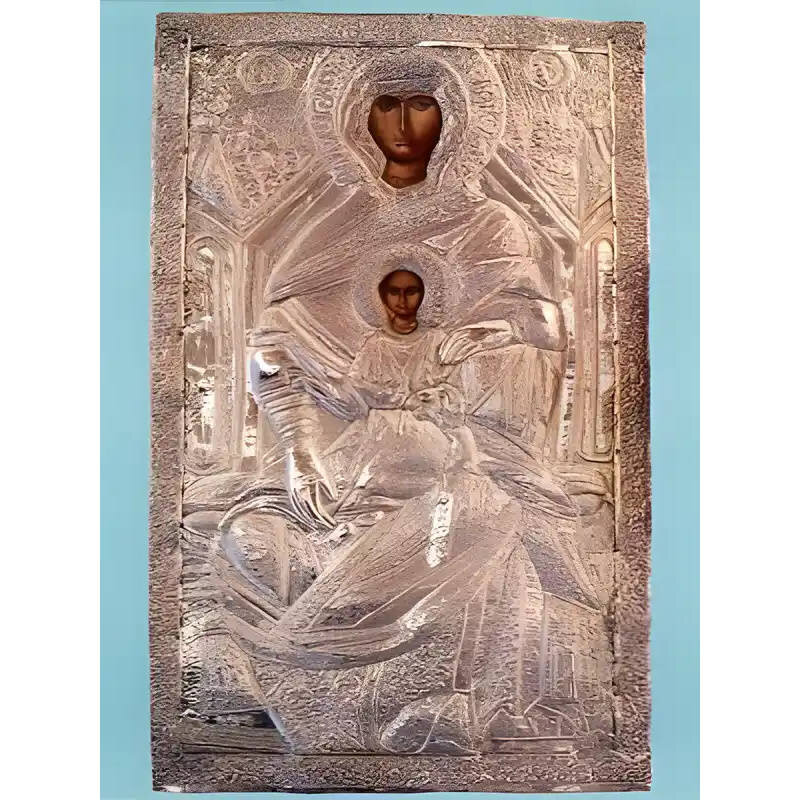 Εικόνα Ορθοδοξίας με περίγραμμα χρυσό σε ξύλο Φλαμουρίας  με  βάση Εικόνα ΠΑΝΑΓΙΑ ΜΕ ΧΡΙΣΤΟ, ΧΡΥΣΟΛΕΟΝΤΙΣΣΑ, ΕΝΘΡΟΝΟΣ Χειροποίητη Ελληνορθόδοξη εικόνα του Ιησού Χριστού, Κρεμαστή πλάκα βυζαντινής τέχνης, χριστιανική τέχνη Διάσταση 15x11 cm (5,9x4,3 ίντσες)  INTRAEK-337757863825