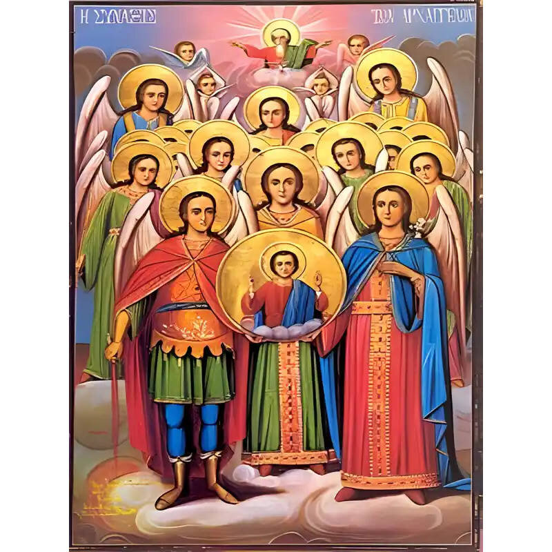 Εικόνα Ορθοδοξίας με περίγραμμα χρυσό σε ξύλο Φλαμουρίας  με  βάση Εικόνα ΣΥΝΑΞΙΣ ΑΡΧΑΓΓΕΛΩΝ Χειροποίητη Ελληνορθόδοξη εικόνα του Ιησού Χριστού, Κρεμαστή πλάκα βυζαντινής τέχνης, χριστιανική τέχνη Διάσταση 15x11 cm (5,9x4,3 ίντσες)  INTRAEK-337757863811