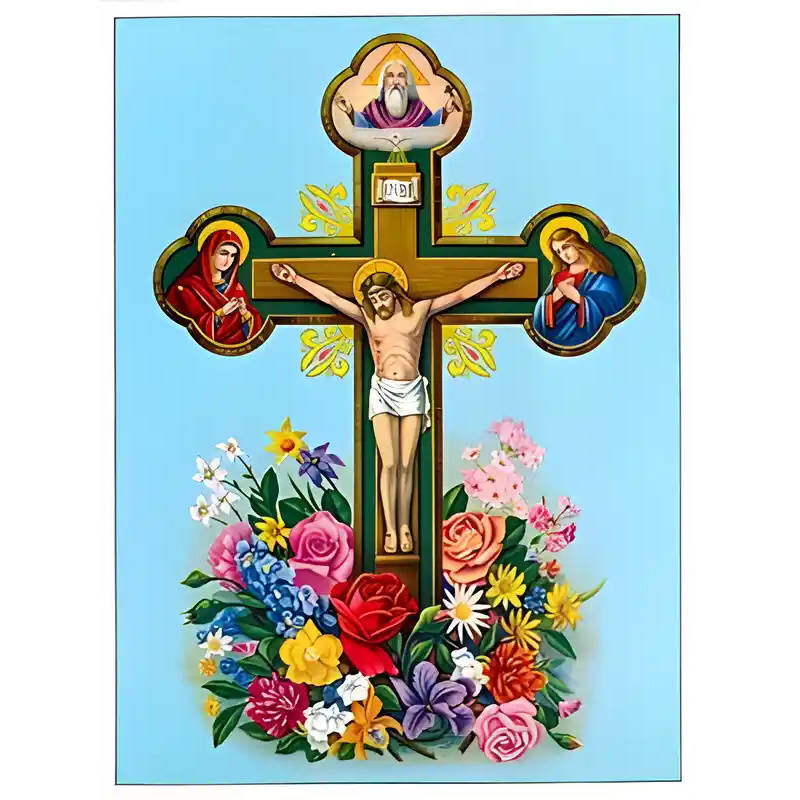 Εικόνα Ορθοδοξίας με περίγραμμα χρυσό σε ξύλο Φλαμουρίας  με  βάση Εικόνα ΧΡΙΣΤΟΣ ΕΣΤΑΥΡΩΜΕΝΟΣ, ΜΕ ΑΝΘΗ Χειροποίητη Ελληνορθόδοξη εικόνα του Ιησού Χριστού, Κρεμαστή πλάκα βυζαντινής τέχνης, χριστιανική τέχνη Διάσταση 15x11 cm (5,9x4,3 ίντσες)  INTRAEK-337757863806