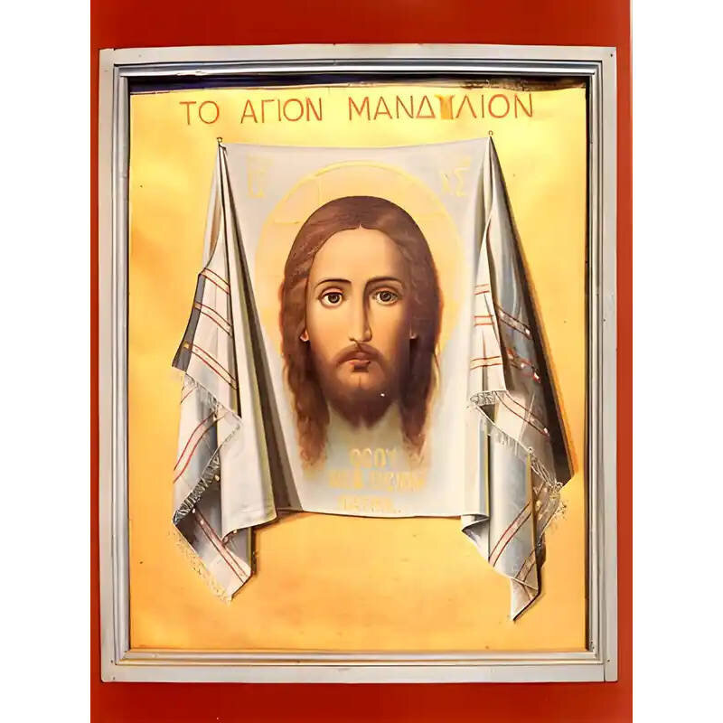 Εικόνα Ορθοδοξίας με περίγραμμα χρυσό σε ξύλο Φλαμουρίας  με  βάση Εικόνα ΧΡΙΣΤΟΣ, ΤΟ ΑΓΙΟΝ ΜΑΝΔΗΛΙΟΝ Χειροποίητη Ελληνορθόδοξη εικόνα του Ιησού Χριστού, Κρεμαστή πλάκα βυζαντινής τέχνης, χριστιανική τέχνη Διάσταση 15x11 cm (5,9x4,3 ίντσες)  INTRAEK-337757863790