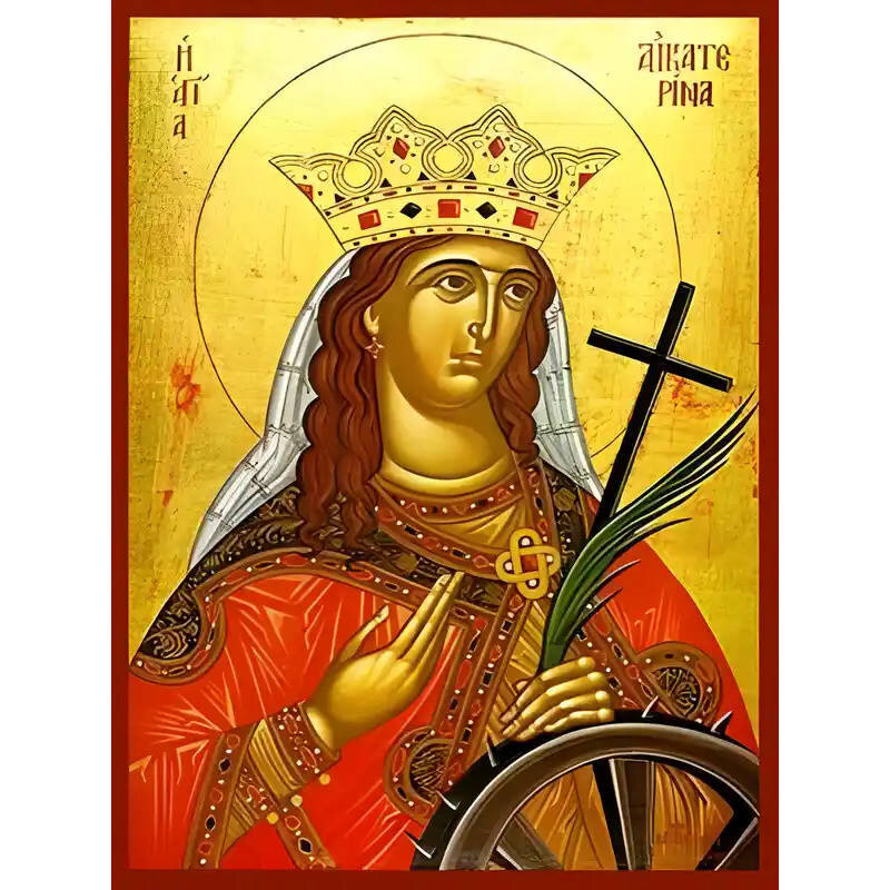 Εικόνα Ορθοδοξίας με περίγραμμα χρυσό σε ξύλο Φλαμουρίας  με  βάση Εικόνα ΑΓΙΑ ΑΙΚΑΤΕΡΙΝΗ Η ΜΕΓΑΛΟΜΑΡΤΥΣ, ΑΛΕΞΑΝΔΡΕΙΑΣ Χειροποίητη Ελληνορθόδοξη εικόνα του Ιησού Χριστού, Κρεμαστή πλάκα βυζαντινής τέχνης, χριστιανική τέχνη 21x15 cm (8,3x5,9 ίντσες) INTRAEK-66497757865421
