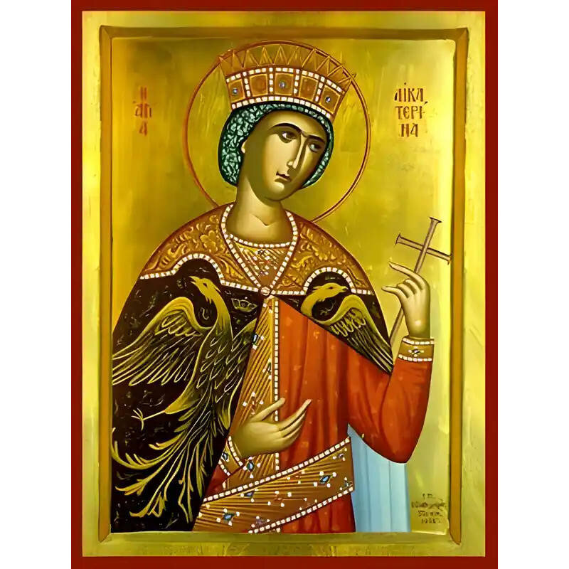 Εικόνα Ορθοδοξίας με περίγραμμα χρυσό σε ξύλο Φλαμουρίας  με  βάση Εικόνα ΑΓΙΑ ΑΙΚΑΤΕΡΙΝΗ Η ΜΕΓΑΛΟΜΑΡΤΥΣ, ΑΛΕΞΑΝΔΡΕΙΑΣ Χειροποίητη Ελληνορθόδοξη εικόνα του Ιησού Χριστού, Κρεμαστή πλάκα βυζαντινής τέχνης, χριστιανική τέχνη 21x15 cm (8,3x5,9 ίντσες) INTRAEK-66497757865420