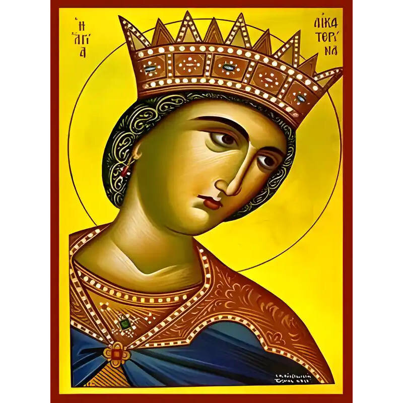 Εικόνα Ορθοδοξίας με περίγραμμα χρυσό σε ξύλο Φλαμουρίας  με  βάση Εικόνα ΑΓΙΑ ΑΙΚΑΤΕΡΙΝΗ Η ΜΕΓΑΛΟΜΑΡΤΥΣ, ΑΛΕΞΑΝΔΡΕΙΑΣ, ΠΡΟΤΟΜΗ Χειροποίητη Ελληνορθόδοξη εικόνα του Ιησού Χριστού, Κρεμαστή πλάκα βυζαντινής τέχνης, χριστιανική τέχνη 21x15 cm (8,3x5,9 ίντσες) INTRAEK-66497757865414