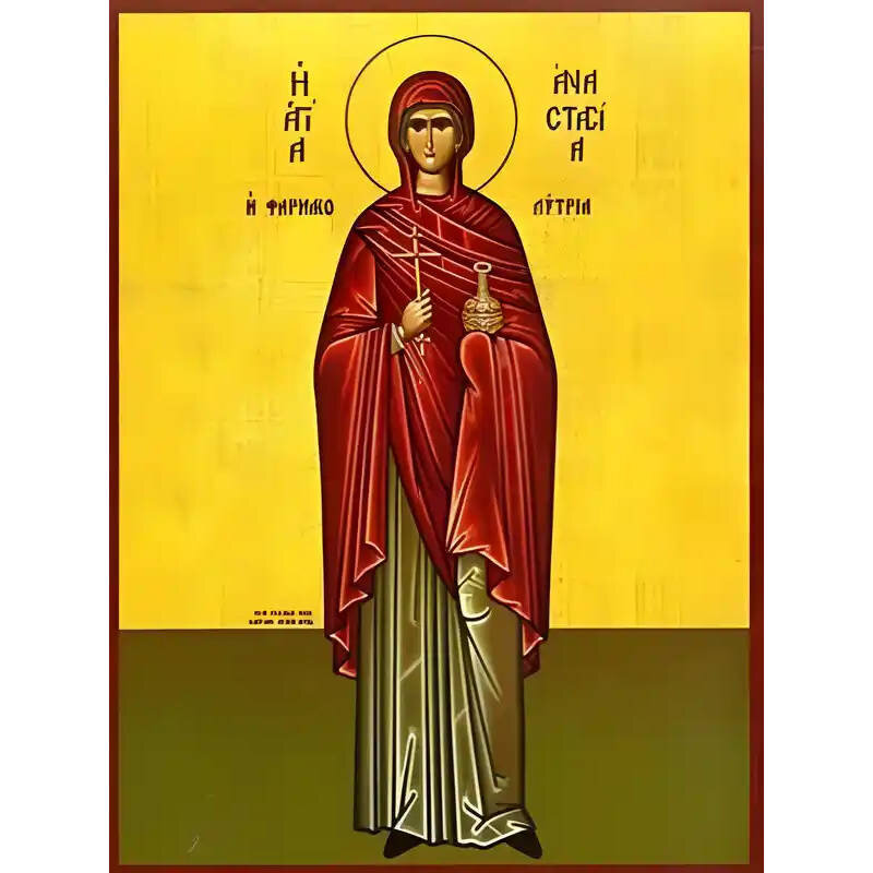 Εικόνα Ορθοδοξίας με περίγραμμα χρυσό σε ξύλο Φλαμουρίας  με  βάση Εικόνα ΑΓΙΑ ΑΝΑΣΤΑΣΙΑ Η ΜΕΓΑΛΟΜΑΡΤΥΣ, Η ΦΑΡΜΑΚΟΛΥΤΡΙΑ, ΟΛΟΣΩΜΗ Χειροποίητη Ελληνορθόδοξη εικόνα του Ιησού Χριστού, Κρεμαστή πλάκα βυζαντινής τέχνης, χριστιανική τέχνη 21x15 cm (8,3x5,9 ίντσες) INTRAEK-66497757865407
