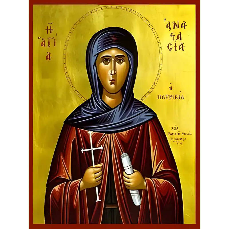 Εικόνα Ορθοδοξίας με περίγραμμα χρυσό σε ξύλο Φλαμουρίας  με  βάση Εικόνα ΑΓΙΑ ΑΝΑΣΤΑΣΙΑ Η ΠΑΤΡΙΚΙΑ, ΑΛΕΞΑΝΔΡΕΙΑΣ Χειροποίητη Ελληνορθόδοξη εικόνα του Ιησού Χριστού, Κρεμαστή πλάκα βυζαντινής τέχνης, χριστιανική τέχνη 21x15 cm (8,3x5,9 ίντσες) INTRAEK-66497757865406