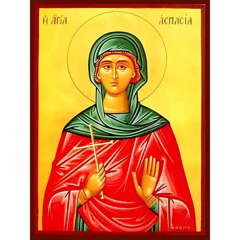 Εικόνα Ορθοδοξίας με περίγραμμα χρυσό σε ξύλο Φλαμουρίας  με  βάση Εικόνα ΑΓΙΑ ΑΣΠΑΣΙΑ, ΠΑΡΘΕΝΟΜΑΡΤΥΣ Χειροποίητη Ελληνορθόδοξη εικόνα του Ιησού Χριστού, Κρεμαστή πλάκα βυζαντινής τέχνης, χριστιανική τέχνη 21x15 cm (8,3x5,9 ίντσες) INTRAEK-66497757865387