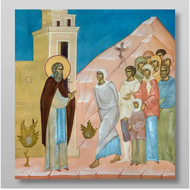 Εικόνα Ορθοδοξίας με περίγραμμα χρυσό σε ξύλο Φλαμουρίας  με  βάση Ο Αμφιλόχιος θεραπεύει τον άρρωστο Χειροποίητη Ελληνορθόδοξη , Κρεμαστή πλάκα βυζαντινής τέχνης, χριστιανική τέχνη Διάσταση 50x40 cm (19,7 x 15,8 ίντσες) INTRAEK-65432891