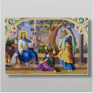 Εικόνα Ορθοδοξίας με περίγραμμα χρυσό σε ξύλο Φλαμουρίας με βάση Ο Χριστός με τη Μάρθα και τη Μαρία Χειροποίητη Ελληνορθόδοξη , Κρεμαστή πλάκα βυζαντινής τέχνης, χριστιανική τέχνη Διάσταση 50x40 cm (19,7 x 15,8 ίντσες) INTRAEK-65432867