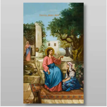 Εικόνα Ορθοδοξίας με περίγραμμα χρυσό σε ξύλο Φλαμουρίας με βάση Ο Χριστός με τη Μάρθα και τη Μαρία Χειροποίητη Ελληνορθόδοξη , Κρεμαστή πλάκα βυζαντινής τέχνης, χριστιανική τέχνη Διάσταση 50x40 cm (19,7 x 15,8 ίντσες) INTRAEK-65432866 - Image 1