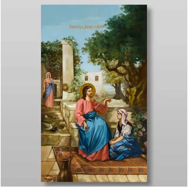 Εικόνα Ορθοδοξίας με περίγραμμα χρυσό σε ξύλο Φλαμουρίας  με  βάση Ο Χριστός με τη Μάρθα και τη Μαρία Χειροποίητη Ελληνορθόδοξη , Κρεμαστή πλάκα βυζαντινής τέχνης, χριστιανική τέχνη Διάσταση 50x40 cm (19,7 x 15,8 ίντσες) INTRAEK-65432866