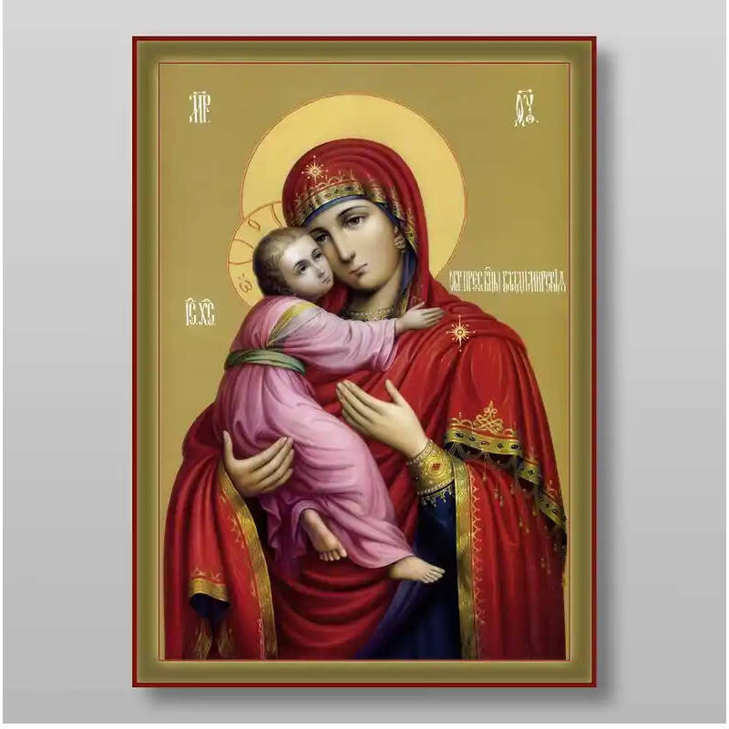 Εικόνα Ορθοδοξίας με περίγραμμα χρυσό σε ξύλο Φλαμουρίας  με  βάση Η Μητέρα του Θεού Βλαντιμίρ Χειροποίητη Ελληνορθόδοξη , Κρεμαστή πλάκα βυζαντινής τέχνης, χριστιανική τέχνη Διάσταση 50x40 cm (19,7 x 15,8 ίντσες) INTRAEK-65432859