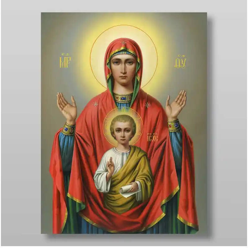 Εικόνα Ορθοδοξίας με περίγραμμα χρυσό σε ξύλο Φλαμουρίας  με  βάση Εικόνα της Μητέρας του Θεού, του Σημαδίου Χειροποίητη Ελληνορθόδοξη , Κρεμαστή πλάκα βυζαντινής τέχνης, χριστιανική τέχνη Διάσταση 50x40 cm (19,7 x 15,8 ίντσες) INTRAEK-65432815