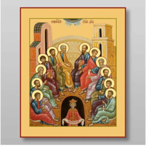 Εικόνα Ορθοδοξίας με περίγραμμα χρυσό σε ξύλο Φλαμουρίας  με  βάση Κάθοδος του Αγίου Πνεύματος της Πεντηκοστής Χειροποίητη Ελληνορθόδοξη , Κρεμαστή πλάκα βυζαντινής τέχνης, χριστιανική τέχνη Διάσταση 50x40 cm (19,7 x 15,8 ίντσες) INTRAEK-65432794