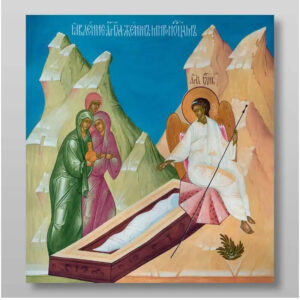 Εικόνα Ορθοδοξίας με περίγραμμα χρυσό σε ξύλο Φλαμουρίας  με  βάση Εμφάνιση Αγγέλου στις Μυροφόρες Συζύγους Χειροποίητη Ελληνορθόδοξη , Κρεμαστή πλάκα βυζαντινής τέχνης, χριστιανική τέχνη Διάσταση 50x40 cm (19,7 x 15,8 ίντσες) INTRAEK-65432718