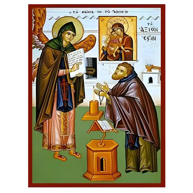 Εικόνα Ορθοδοξίας με περίγραμμα χρυσό σε ξύλο Φλαμουρίας  με  βάση Εικόνα Άξιον Εστί, το θαύμα εν τω Άδειν Χειροποίητη Ελληνορθόδοξη , Κρεμαστή πλάκα βυζαντινής τέχνης, χριστιανική τέχνη Διάσταση 10x7 cm (3,9 x 2,8 ίντσες) INTRAEK-671354