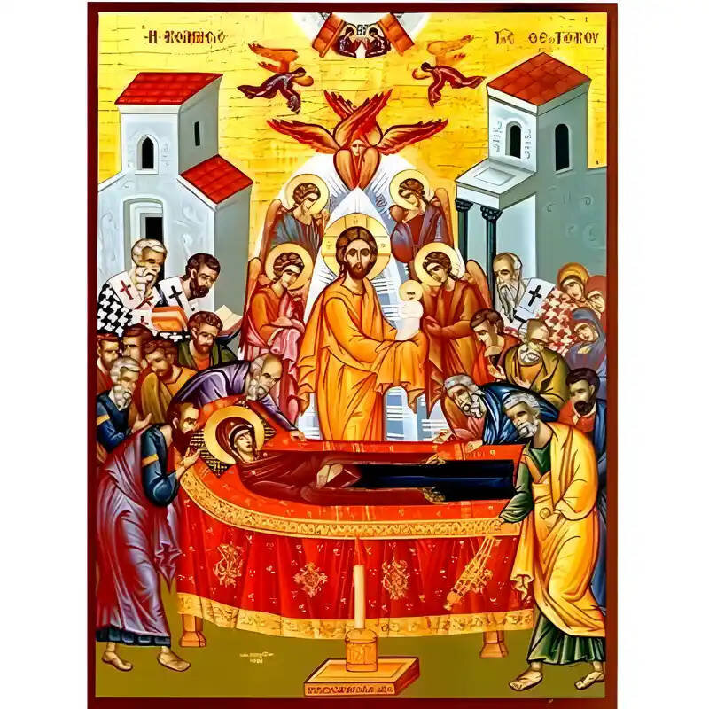 Εικόνα Ορθοδοξίας με περίγραμμα χρυσό σε ξύλο Φλαμουρίας  με  βάση Εικόνα Κοίμησις της Θεοτόκου Χειροποίητη Ελληνορθόδοξη , Κρεμαστή πλάκα βυζαντινής τέχνης, χριστιανική τέχνη Διάσταση 10x7 cm (3,9 x 2,8 ίντσες) INTRAEK-671336