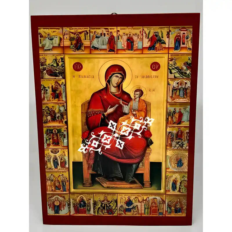 Εικόνα Ορθοδοξίας με περίγραμμα χρυσό σε ξύλο Φλαμουρίας  με  βάση Εικόνα Παναγία Ακαθίστου Χειροποίητη Ελληνορθόδοξη , Κρεμαστή πλάκα βυζαντινής τέχνης, χριστιανική τέχνη Διάσταση 10x7 cm (3,9 x 2,8 ίντσες) INTRAEK-671333