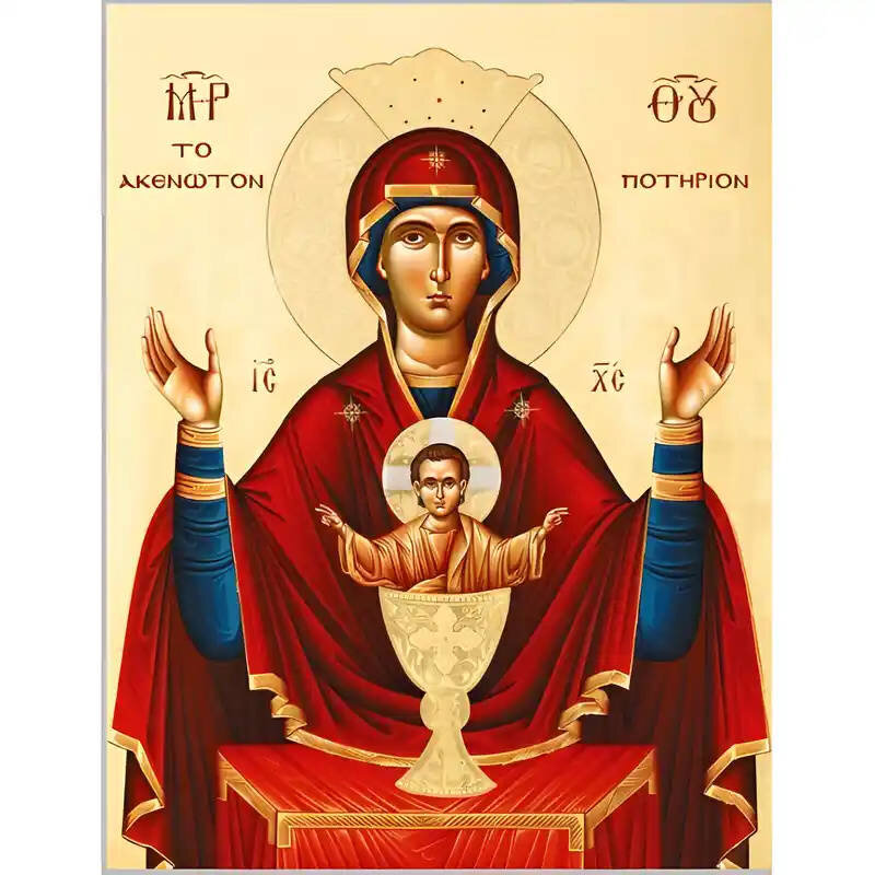 Εικόνα Ορθοδοξίας με περίγραμμα χρυσό σε ξύλο Φλαμουρίας  με  βάση Εικόνα Παναγία Ακένωτον Ποτήριον Χειροποίητη Ελληνορθόδοξη , Κρεμαστή πλάκα βυζαντινής τέχνης, χριστιανική τέχνη Διάσταση 10x7 cm (3,9 x 2,8 ίντσες) INTRAEK-671332