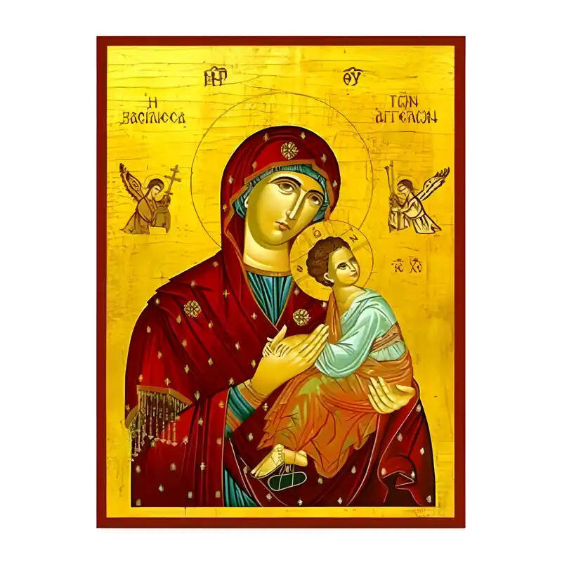 Εικόνα Ορθοδοξίας με περίγραμμα χρυσό σε ξύλο Φλαμουρίας  με  βάση Εικόνα Παναγία Βασίλισσα των Αγγέλων Χειροποίητη Ελληνορθόδοξη , Κρεμαστή πλάκα βυζαντινής τέχνης, χριστιανική τέχνη Διάσταση 10x7 cm (3,9 x 2,8 ίντσες) INTRAEK-671327