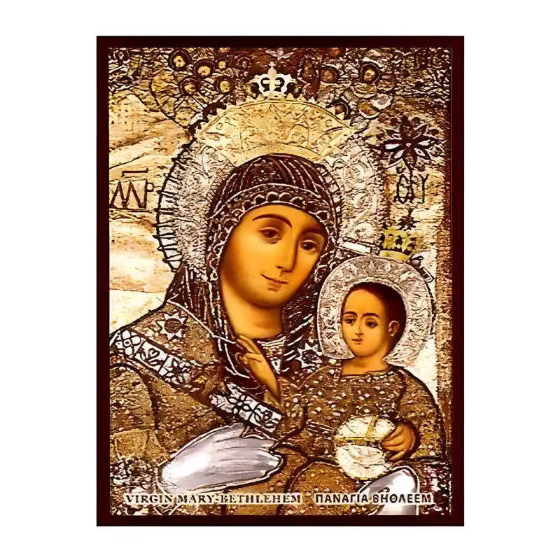 Εικόνα Ορθοδοξίας με περίγραμμα χρυσό σε ξύλο Φλαμουρίας  με  βάση Εικόνα Παναγία Βηθλεεμίτισσα Χειροποίητη Ελληνορθόδοξη , Κρεμαστή πλάκα βυζαντινής τέχνης, χριστιανική τέχνη Διάσταση 10x7 cm (3,9 x 2,8 ίντσες) INTRAEK-671326