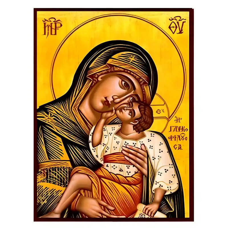 Εικόνα Ορθοδοξίας με περίγραμμα χρυσό σε ξύλο Φλαμουρίας  με  βάση Εικόνα Παναγία Γλυκοφιλούσα Χειροποίητη Ελληνορθόδοξη , Κρεμαστή πλάκα βυζαντινής τέχνης, χριστιανική τέχνη Διάσταση 10x7 cm (3,9 x 2,8 ίντσες) INTRAEK-671316