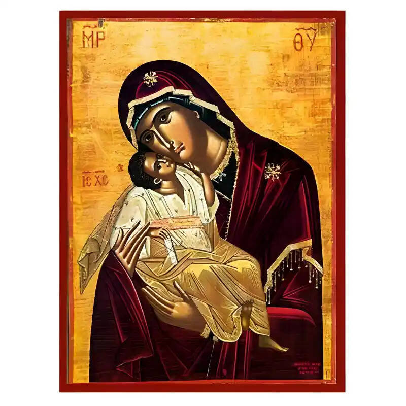 Εικόνα Ορθοδοξίας με περίγραμμα χρυσό σε ξύλο Φλαμουρίας  με  βάση Εικόνα Παναγία Γλυκοφιλούσα Χειροποίητη Ελληνορθόδοξη , Κρεμαστή πλάκα βυζαντινής τέχνης, χριστιανική τέχνη Διάσταση 10x7 cm (3,9 x 2,8 ίντσες) INTRAEK-671314