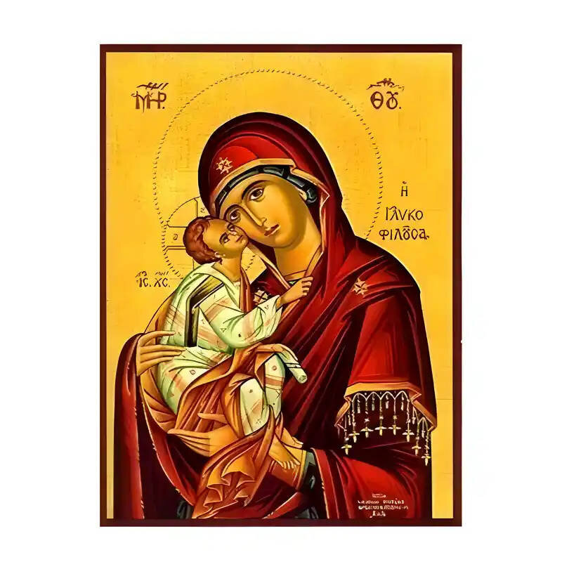 Εικόνα Ορθοδοξίας με περίγραμμα χρυσό σε ξύλο Φλαμουρίας  με  βάση Εικόνα Παναγία Γλυκοφιλούσα Χειροποίητη Ελληνορθόδοξη , Κρεμαστή πλάκα βυζαντινής τέχνης, χριστιανική τέχνη Διάσταση 10x7 cm (3,9 x 2,8 ίντσες) INTRAEK-671306