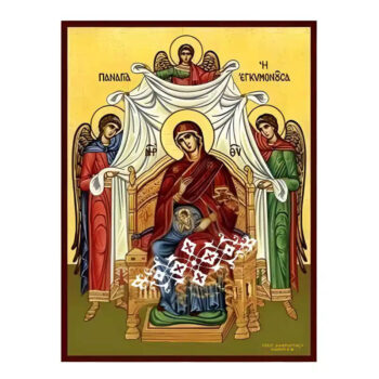 Εικόνα Ορθοδοξίας με περίγραμμα χρυσό σε ξύλο Φλαμουρίας με βάση Εικόνα Παναγια Εγκυμονουσα Ενθρονος Χειροποίητη Ελληνορθόδοξη , Κρεμαστή πλάκα βυζαντινής τέχνης, χριστιανική τέχνη Διάσταση 10x7 cm (3,9 x 2,8 ίντσες) INTRAEK-671289 - Image 1