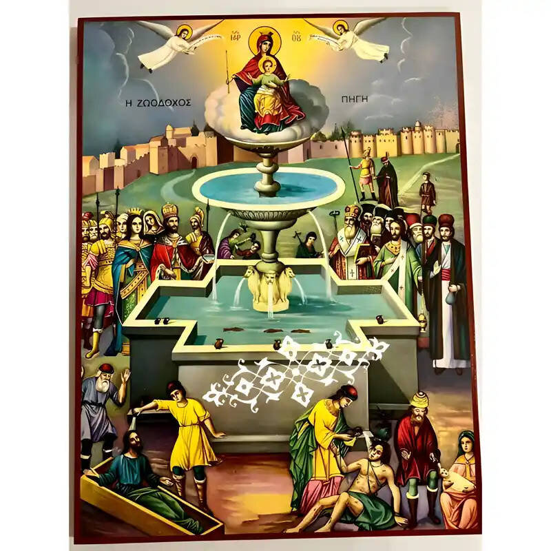 Εικόνα Ορθοδοξίας με περίγραμμα χρυσό σε ξύλο Φλαμουρίας  με  βάση Εικόνα Παναγία Ζωοδόχος Πηγή Χειροποίητη Ελληνορθόδοξη , Κρεμαστή πλάκα βυζαντινής τέχνης, χριστιανική τέχνη Διάσταση 10x7 cm (3,9 x 2,8 ίντσες) INTRAEK-671281