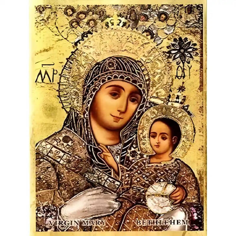 Εικόνα Ορθοδοξίας με περίγραμμα χρυσό σε ξύλο Φλαμουρίας  με  βάση Εικόνα Παναγία με Χριστό, Βηθλεέμ Χειροποίητη Ελληνορθόδοξη , Κρεμαστή πλάκα βυζαντινής τέχνης, χριστιανική τέχνη Διάσταση 10x7 cm (3,9 x 2,8 ίντσες) INTRAEK-671261