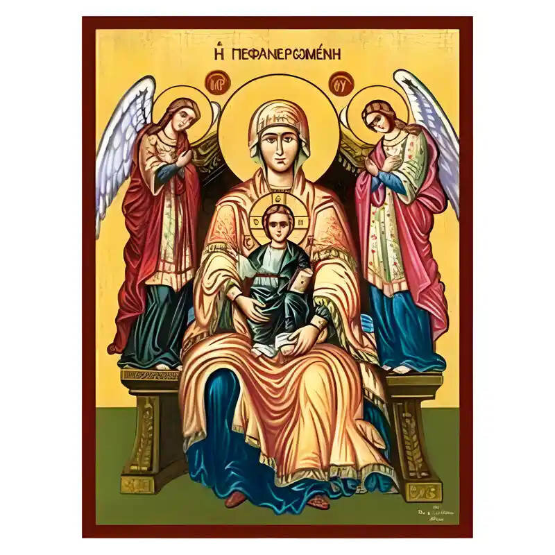 Εικόνα Ορθοδοξίας με περίγραμμα χρυσό σε ξύλο Φλαμουρίας  με  βάση Εικόνα Παναγία Πεφανερωμένη Λευκάδος Χειροποίητη Ελληνορθόδοξη , Κρεμαστή πλάκα βυζαντινής τέχνης, χριστιανική τέχνη Διάσταση 10x7 cm (3,9 x 2,8 ίντσες) INTRAEK-671223
